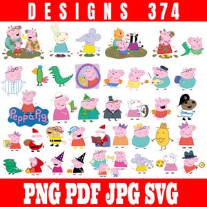 Puede incluir: Una colección de diseños de personajes de dibujos animados, incluyendo cerdos, conejos y otros animales. La imagen presenta el texto "DESIGNS 374" en la parte superior y "PNG PDF JPG SVG" en la parte inferior, todo en texto blanco sobre un fondo rojo.