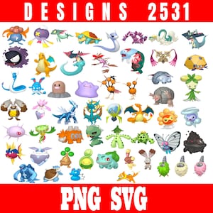 Könnte beinhalten: Eine Sammlung farbenfroher Cartoon-Charakter-Designs. Das Bild zeigt verschiedene Kreaturen in verschiedenen Formen und Farben, mit dem Text "DESIGNS 2531" oben und "PNG SVG" unten.