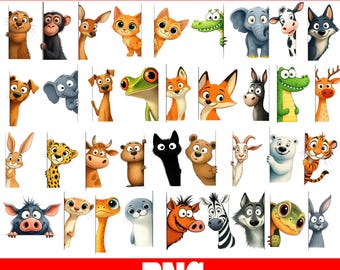 Quirky Peeking Animals Clipart, Funny Animal Faces PNG Bundle