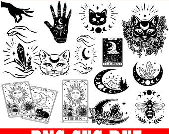 魔法の天体 SVG DXF PNG | 60種類の神秘的なデザイン | 月、太陽、星、クリスタル、魔女のクリップアート