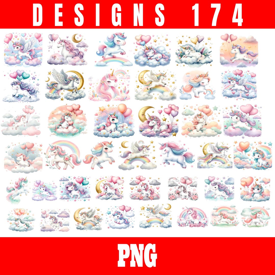Unicorn PNG Bundle | 174 Cute Pastel Unicorn Clipart | Kawaii Cloud ...