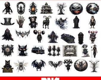 Pacchetto PNG horror gotico, clipart dall'estetica dark, teschi di casa infestata (download digitale)