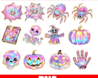 Holographic Halloween PNG Bundle 37 Designs | Pastel Spooky Clipart | Cute Glitter Pumpkin Skull Spider PNG | Pastel Goth Halloween Art