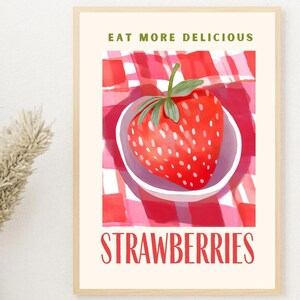 Eat more delicious strawberries Wall art, Erdbeere Wandbild, Wohnräume, Livingroom, Print, digital, Erdbeerposter, Poster für Innenraum,