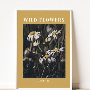 Wild Flowers Cartoon Poster, Gänseblümchen auf gelben Hintergrund, Wandgestaltung, Daisy, Art, Retro Poster, zum digitalen Download