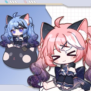May include: Two anime-style cat-eared characters with blue and pink hair. The blue-haired character sits on a black cat-shaped cushion. Both characters wear dark outfits with star and galaxy patterns. The background is a light blue and white.