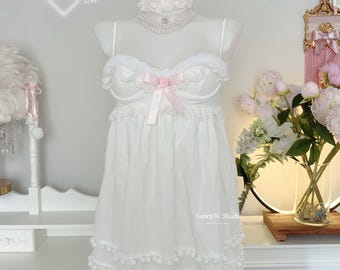 Dress Robe Cotton Polaire Pyjama Cute Kawaii White Lolita Sweet Baby Princesse Barbie Cosplay Y2K Snow-White Manga Anime