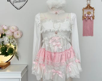 Dress Pink Snow White Lace Cute Kawaii Diamond Maid Sweet Lolita Cosplay Princesse Barbie Doll Y2K Wedding Manga Anime Harajuku Gothic Girl