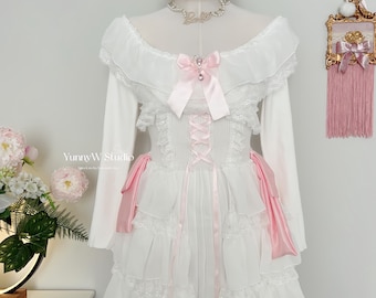 Dress Robe en maille Hiver  Snow-white Cute Kawaii Vintage Barbie Girl Cosplay White  Lolita Princesse  Manga Anime Handmade wedding Maid