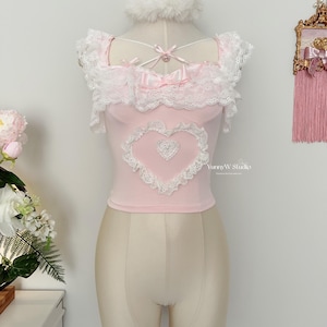Top Débardeur Pink Lolita Kawaii Cute Princess Barbie Heart pattern Handmade