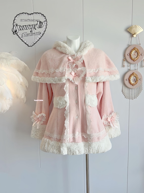 Baby Pink Sweet Princess Cape Coat White Fur Trim Hooded Cute Kawaii Barbie Girl Doll Manga Outfit Cottage Aesthetic Y2K Cosplay Handmade