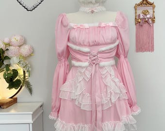 Dress White Fur Pink Snow Sugar Princess Barbie Y2K Sweet Lolita Girl Coquette Cute Kawaii Manga Anime Royal Victorian Handmade Chic Outfit