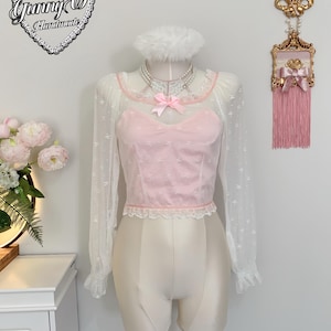 Top Blouse Pink Lace  Bow Choker Princess Barbie Cute Kawaii Manga Anime Sweet Lolita Girl Y2K Cosplay Harajuku Rose Vintage Doll Royal