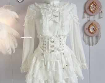 Liz Lisa Witte Muli Lace Corset Rok-Broek Kawaii Strik Zoete Pop Romantische Prinses Barbie Manga Jiraikei Cosplay Royal Victoriaanse Mode