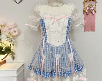 Dress White Mesh Pink Bow Lace Heart Blue Gingham Lolita Barbie Cute Anime Princess Glitter Party  Kawaii Gothic Royal Elegant Vintage Girl
