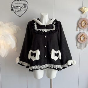Black Lolita Bunny Ear Peacoat Cute Kawaii  Heart Pocket Jacket  Fluffy White Trim Sweet Girl Y2K  Gothic Harajuku Manga Cosplay Handmade