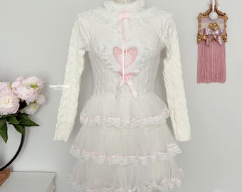 Dress Robe en maille Knit Winter Snow-white Cute Kawaii  Barbie Girl Cosplay White  Lolita Princesse  Manga Anime Handmade wedding Maid