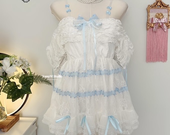 Blue Lace Princess Dress Kawaii Manga Anime Y2K Sweet Lolita Wedding Cosplay Barbie Doll Kawaii Cottagecore Romance Girl Harajuku
