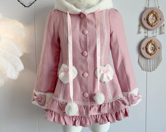 Abrigo de piel blanca con capucha, muñeca Barbie vintage rosa humo, elegante, kawaii, princesa real, manga, anime, linda lolita, chica dulce, cosplay Y2K, hecho a mano