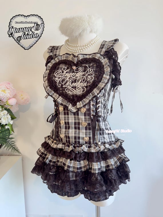 Kawaii Apron Jumper-skirt Gray Plaid Set-up 2-piece Maid Lolita