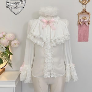 Chemise Blouse Top White Chiffon Multi Lace Pink Bow Cute Kawaii Lolita Princess Barbie Harajuku  Manga Anime Y2K Royal Chic Victorian Cos