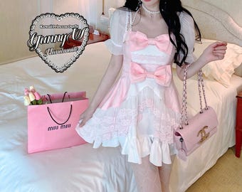Baby Pink Lolita Dress Royal Kawaii Sweet Princess Barbie Lace Bow Off Shoulder Short Sleeve 2 Way Pastel A Line Layered Ruffle Fairy Girl