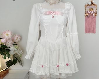 White Fur Trim Dress Snow-white Kawaii Princess Barbie Girl Manga Lolita Anime Style Winter Outfit Fairycore Cottage Coquette Romance Lace