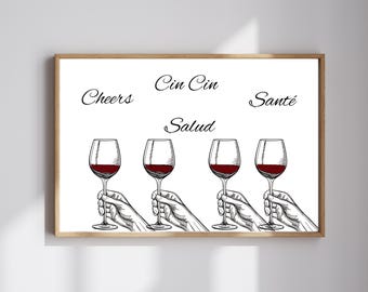 Cheers Multilingual Wine Art Print: Retro Bar Cart Decor (Digital Download)