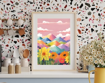 Colorful Hills Floral Print: Abstract Mountain Landscape Art (Digital Download
