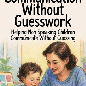 May include: Illustration of a woman and child interacting, with the text "Communication Without Guesswork" at the top. The text below reads "Helping Non Speaking Children Communicate Without Guessing". The image has a soft, colorful, and inviting style.