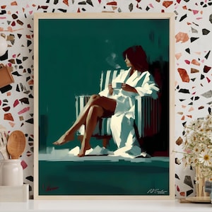 Emerald Green Abstract People, Large Wall Art, Contemporary Artwork, Minimalist Print, Coffee Lover, Stripe Woman Print, Digital Download