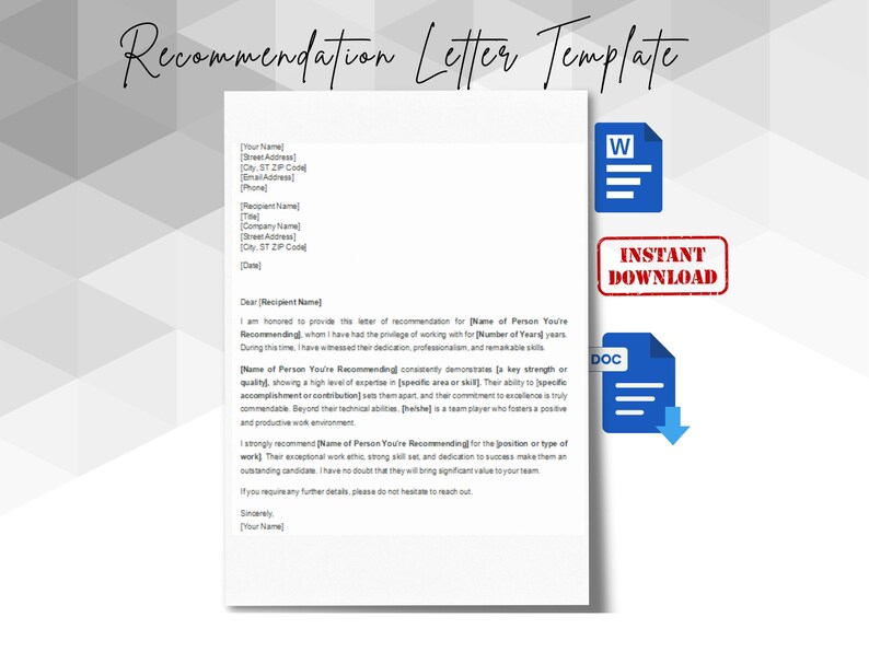 Professional Recommendation Letter Template: Editable Reference (PDF ...