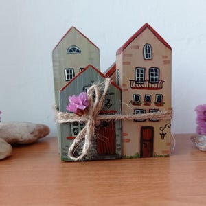 Hand Painted Wooden House Set: Miniature Rustic Village Decor