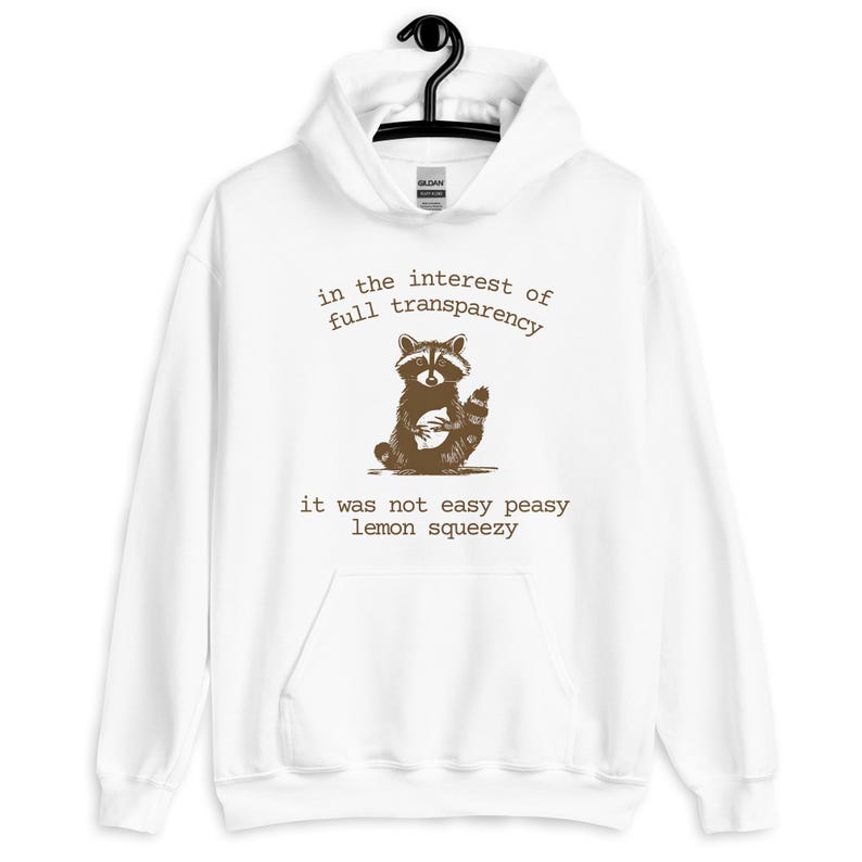 Sarcastic raccoon hoodie with “Not easy peasy lemon squeezy” text, designed for comfort and laughs. Minimalist design with earthy tones, cartoon raccoon print, and dry humor about life’s struggles. Unisex fit, fleece-lined for warmth and softness. Ideal mental health gift or self-care hoodie for introverts, therapists, and fans of clever quote clothing.