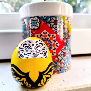 GEOMETRIC DARUMA - Yellow Daruma Doll – Hand Painted Japanese Lucky Charm – Kawaii Folk Art Figurine – Zen Home Decor