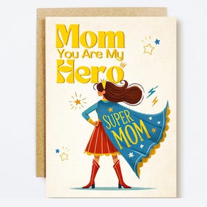 Cartão de Dia das Mães Super Mãe – Modelo Canva editável – Cartão engraçado de mãe heroína – Download digital para impressão – Presente forte para ela