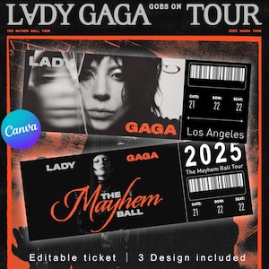 Lady Gaga Konzertkarten-Bundle - The Mayhem Ball 2025 - Set mit 3 bearbeitbaren Designs - Anpassbares digitales Fan-Souvenir - Canva-Vorlage