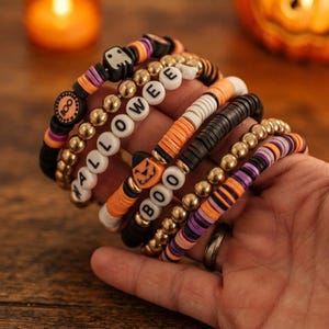 7 pulseras de cuentas de Halloween, dije de calabaza, arcilla polimérica, pulseras apilables, joyería unisex, regalos de cosplay