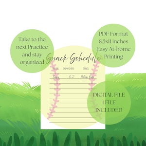 Könnte beinhalten: Ein digitaler Snackplan mit Baseball-Thema. Der Zeitplan enthält Felder für Spieler, Spieldatum und Snack. Der Text auf dem Bild lautet: "Take to the next Practice and stay organized" und "PDF Format 8.5x11 inches Easy At-home Printing".