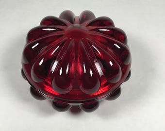 Vintage Fenton Glass Ruby Red Glass Teardrop Covered Trinket Box Round