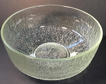 MCM Indiana Glass serving bowl. Crystal ice pattern. Made in USA. Excellent vintage condition. Large size: 9” x 4.5” with a nice weight.
