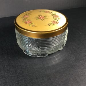 Vintage 1940s Art Deco Pressed Glass Vanity Box with Flower Design on Metal Lid, Ring Box, Engagement, Vanity, Jewelry
