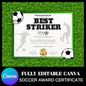Editable Soccer Award Certificate | Soccer Team Award  | End of Season Awards | Soccer Award Canva Template | Soccer Award Ceremony