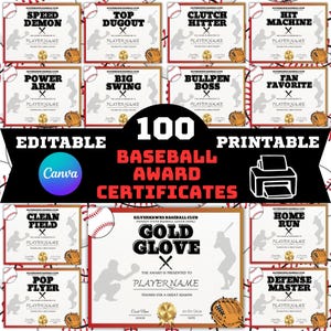 100 Editable Baseball Award Certificates|End of Season Awards|Baseball Award Ceremony|Baseball Team Awards|Canva Template|Printable Award