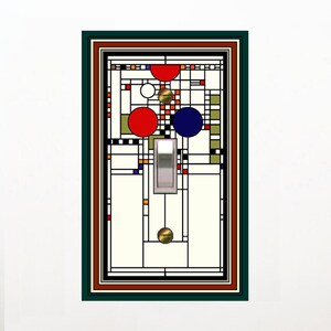May include: A light switch cover with a geometric design in shades of red, blue, green, and white. The design is reminiscent of stained glass.