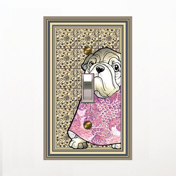 0213A Image of Bulldog in Pink on Intricate Floral FAUX Tiles ~ Mrs Butler Unique Switchplates ~ Use Drop Downs ~See 0213B Background Design