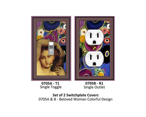 0705A&B Beloved Woman Colorful Design~Set of 2: Single Toggle and Single Outlet ~ Mrs Butler Unique Switchplate Covers~Many Styles Available