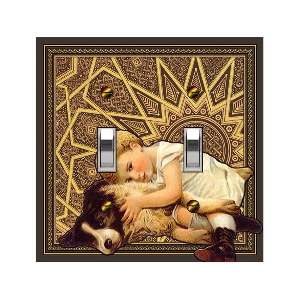 0205A Victorian Boy Child & Dog on Unique Sun Star Bgd ~ Mrs Butler Unique Switchplate Cover ~ Use Drop Down Boxes ~ 0205B Background Design