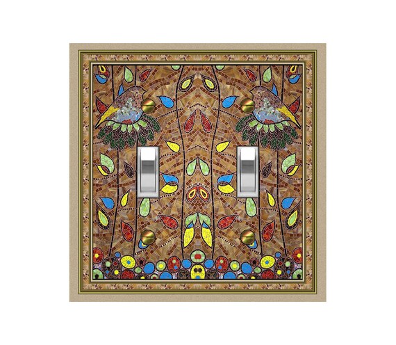 0638X Flat Image of Colorful Faux Mosaic Bird(s) in Nest(s) Among Leaves ~ Mrs Butler Unique Switchplate Cover ~ Use Drop Down Boxes Below