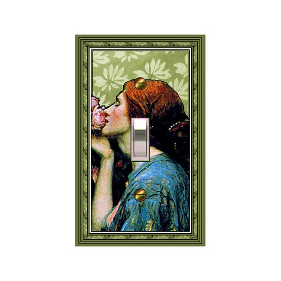 0704C Medieval Woman in Blue Pink Rose Green Leaf Batik ~ Mrs Butler Unique Switchplate Cover ~ Use Drop Down Box ~ See 0704A-D Variations